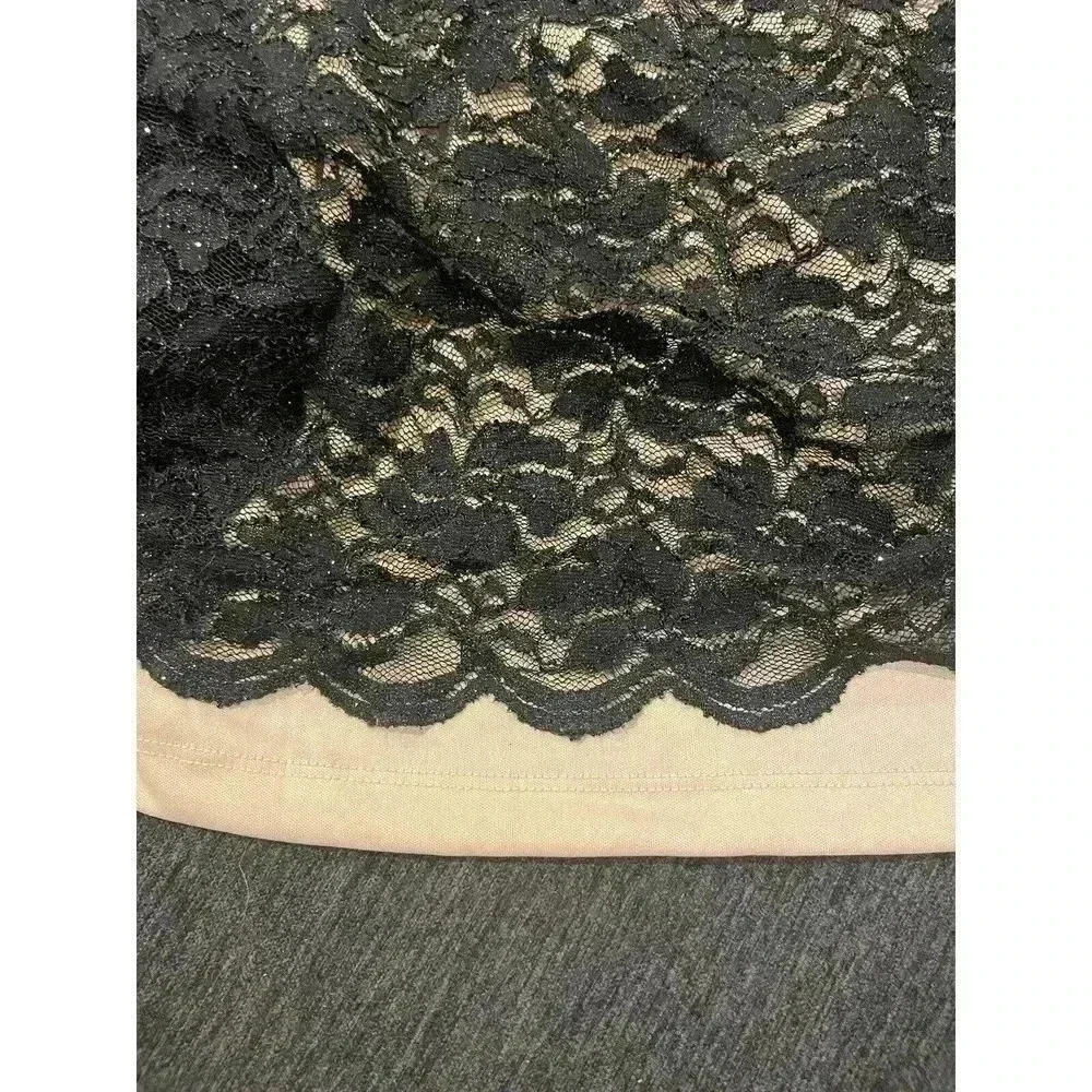 Vintage Black Mini Dress Lace Nude Cocktail Party Fitted Bodycon Midi Sparkle - Picture 4 of 5